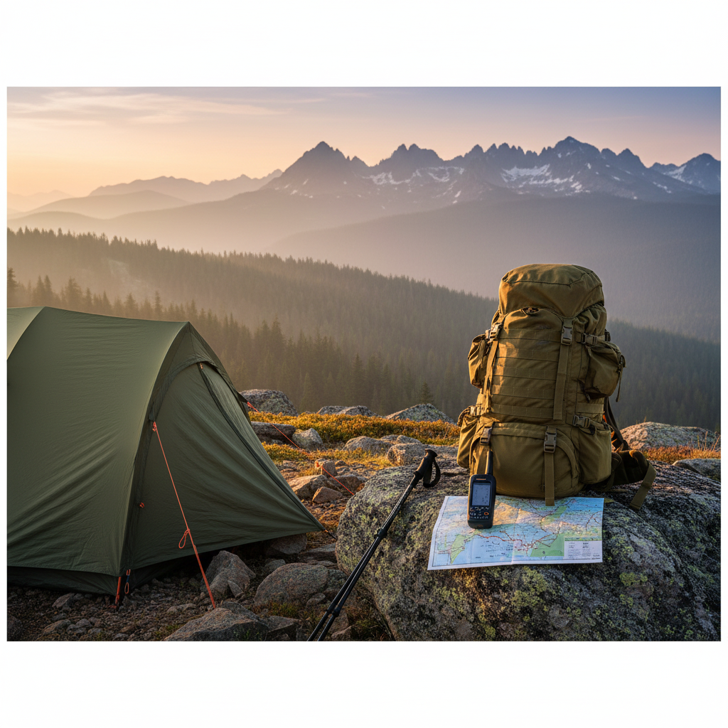 Premium camping gear setup featuring a forest green tent, tactical backpack, and navigation tools on a scenic mountain ridge