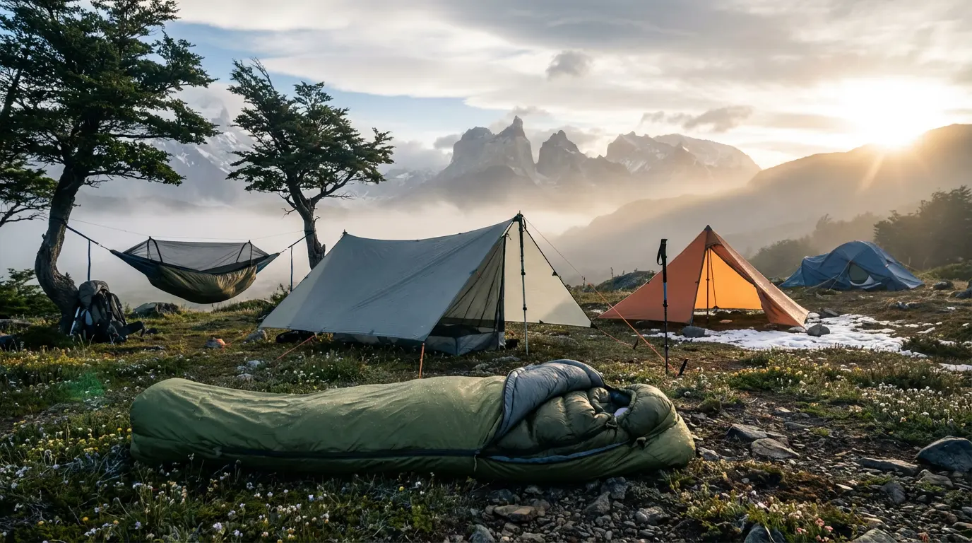 Professional backcountry setup of alternative shelters: bivy sack, silnylon tarp, floorless pyramid mid, and hammock with underquilt in Patagonia mountains.