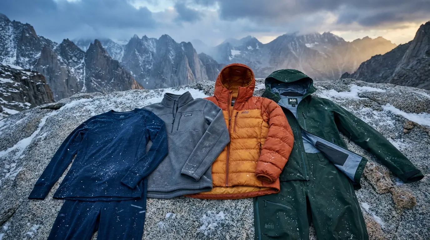 Professional display of merino base layer, fleece puffy mid-layer, and Gore-Tex shell in snowy High Sierras conditions.