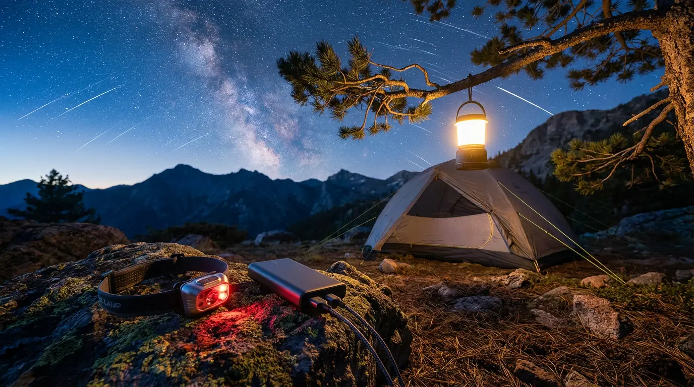 A professional nighttime camping setup showing an LED headlamp, power bank, and warm-white lantern illuminating a backcountry campsite under the stars.