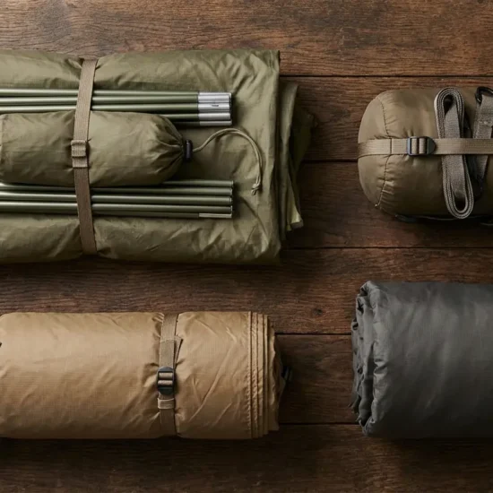 Overhead flat lay of four camping shelter types folded tent, silnylon tarp, hammock, and bivy sack arranged side by side on a wooden surface