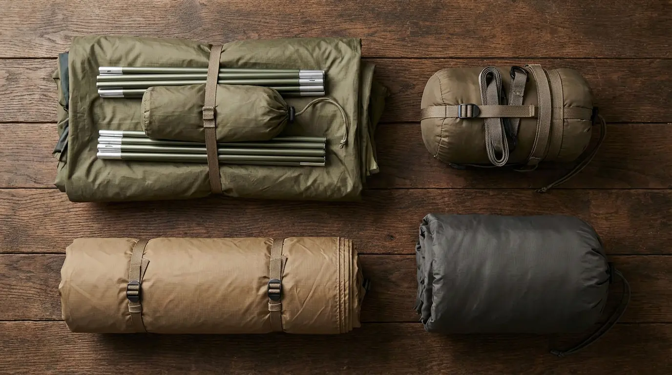 Overhead flat lay of four camping shelter types folded tent, silnylon tarp, hammock, and bivy sack arranged side by side on a wooden surface