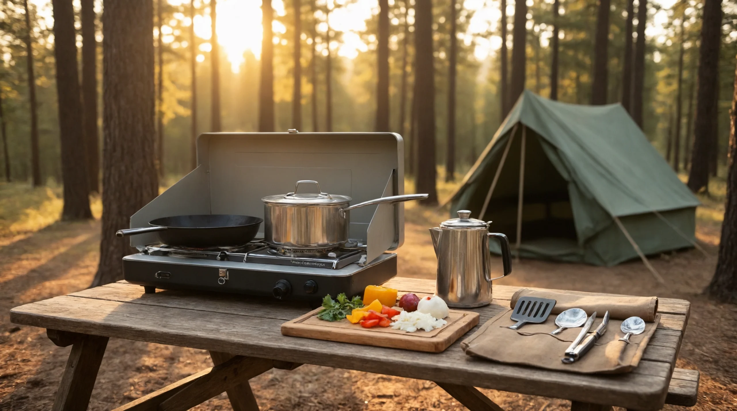 Complete camp kitchen setup with stove, cookware, and utensils on camping table in forest setting