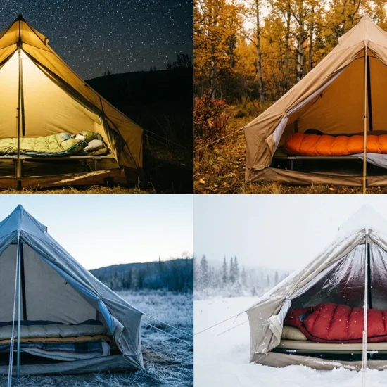 Four-panel image showing camp sleep system configurations across all four seasons from summer to winter