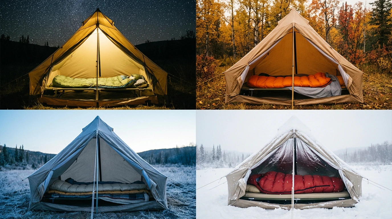 Four-panel image showing camp sleep system configurations across all four seasons from summer to winter