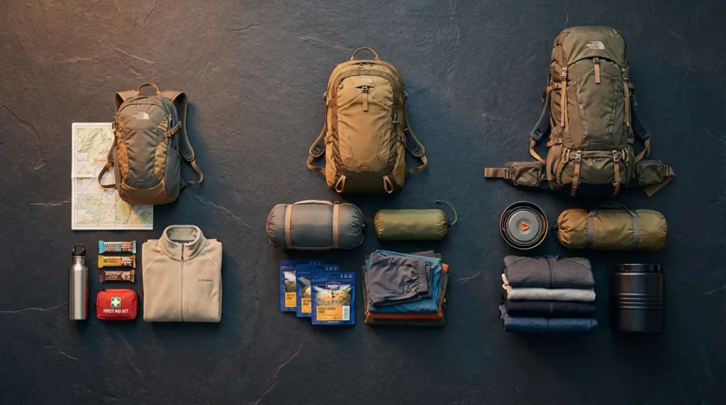 Flat lay showing gear grouped by trip duration beside matching backpack sizes from day pack to expedition pack