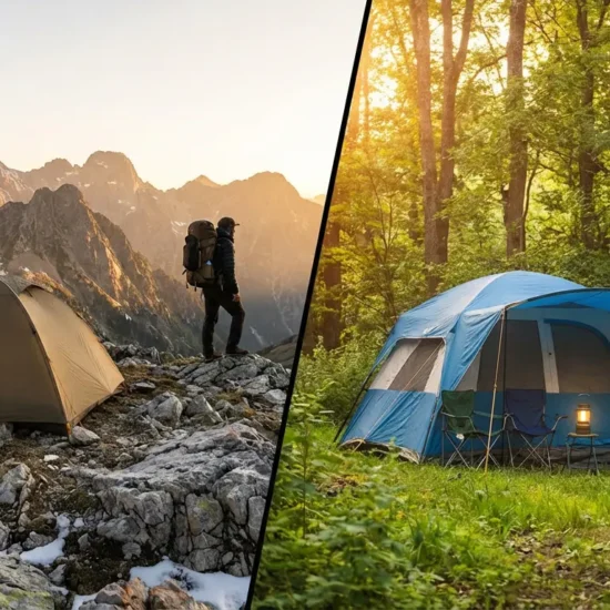 Backpacking tent on alpine terrain on left versus spacious car camping tent in forest campsite on right