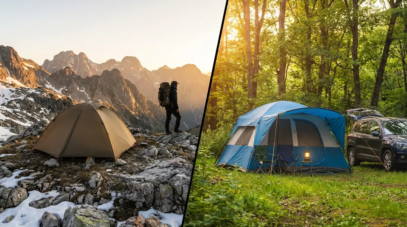 Backpacking tent on alpine terrain on left versus spacious car camping tent in forest campsite on right