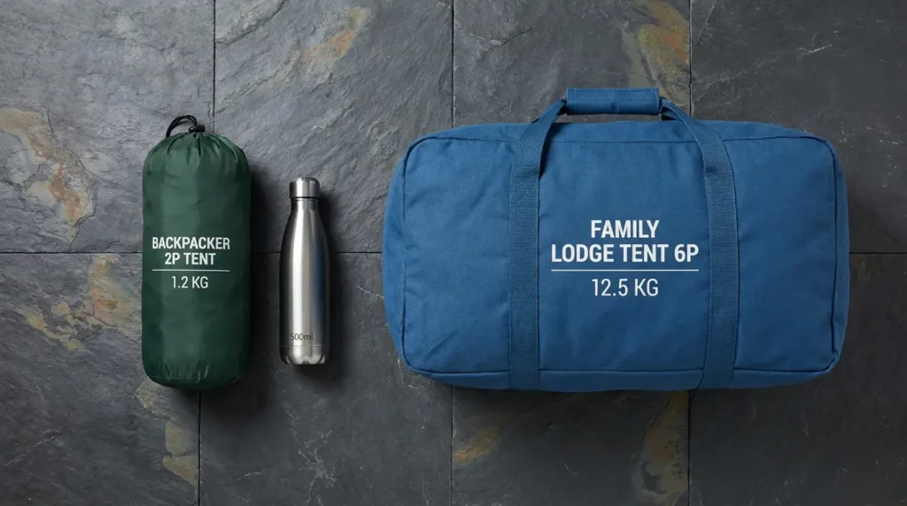 Comparison of packed backpacking tent versus car camping tent bag sizes with water bottle for scale