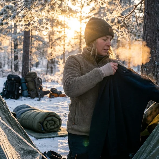 Female wilderness guide layering merino wool base layer at cold winter campsite with frost-covered tent in background