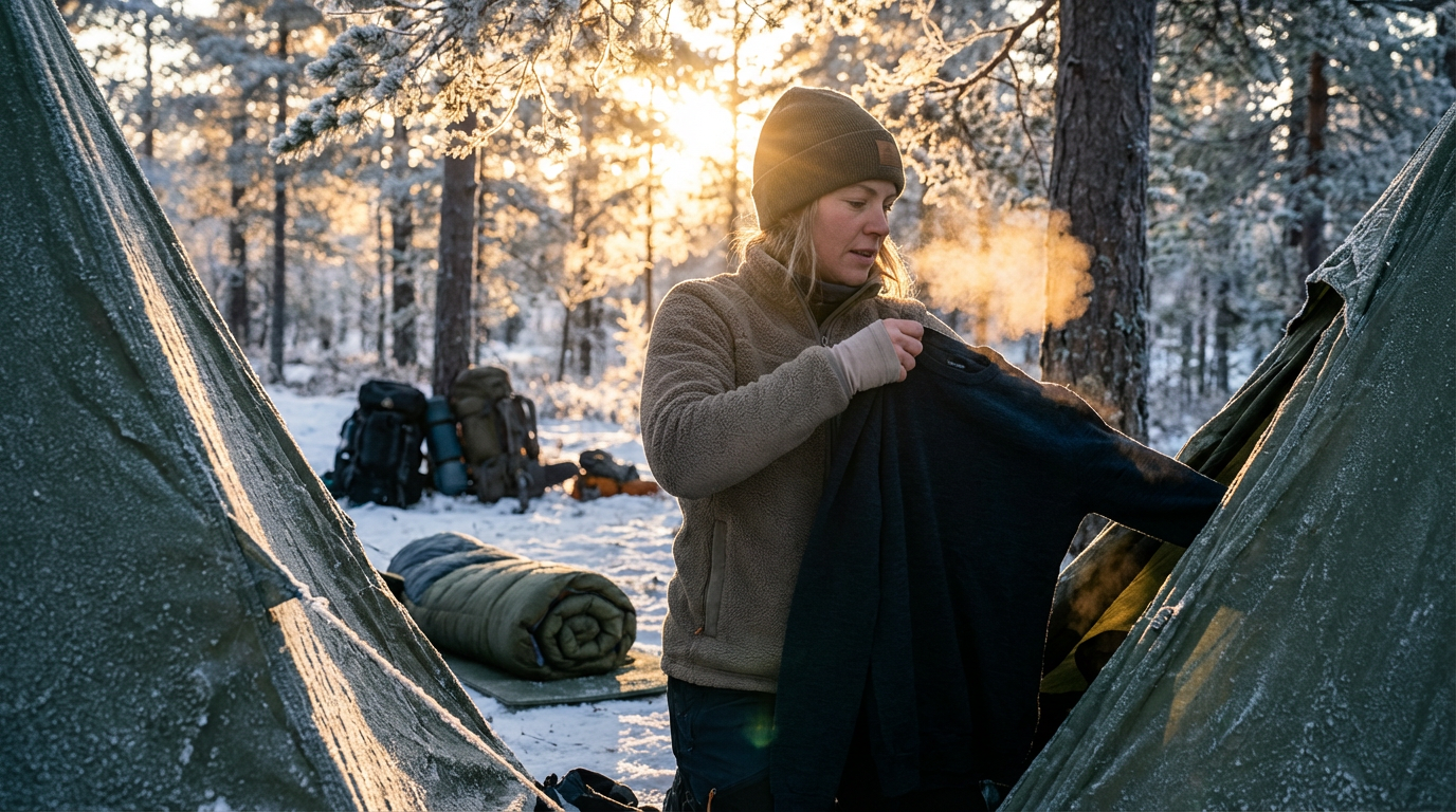 Female wilderness guide layering merino wool base layer at cold winter campsite with frost-covered tent in background