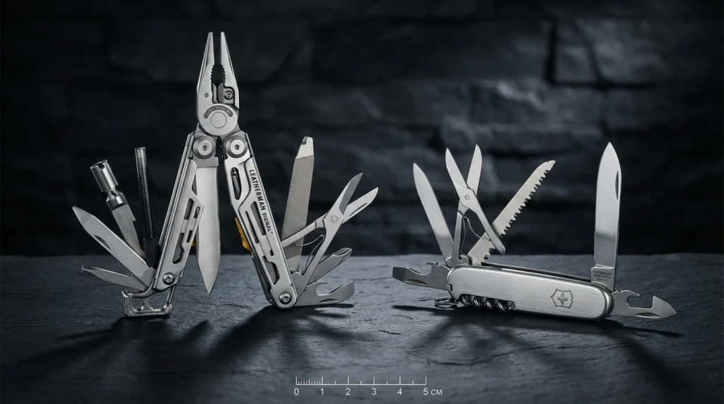 Tools for campers. Leatherman Signal multi-tool fully deployed compared to Victorinox Huntsman Swiss Army knife showing tool selections