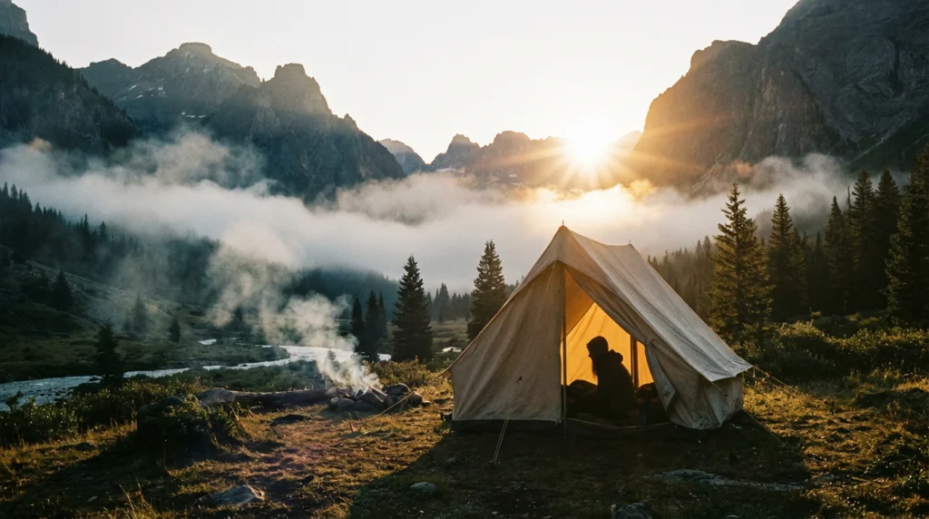 A camping tent pitched in a misty mountain valley at golden hour with a hiker silhouetted inside