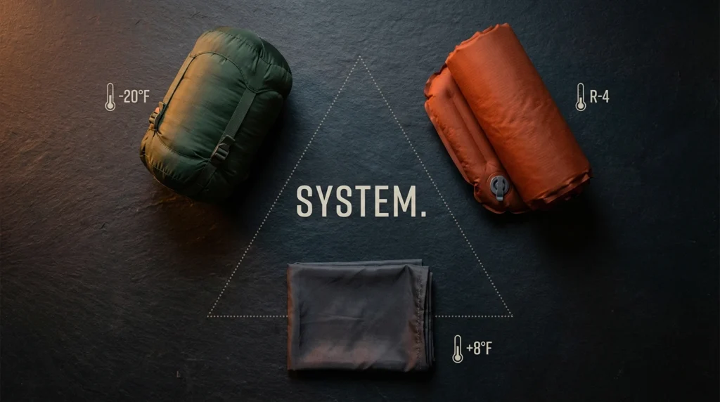 Flat lay showing three camp sleep system components sleeping bag, inflatable pad, and silk liner as a connected system