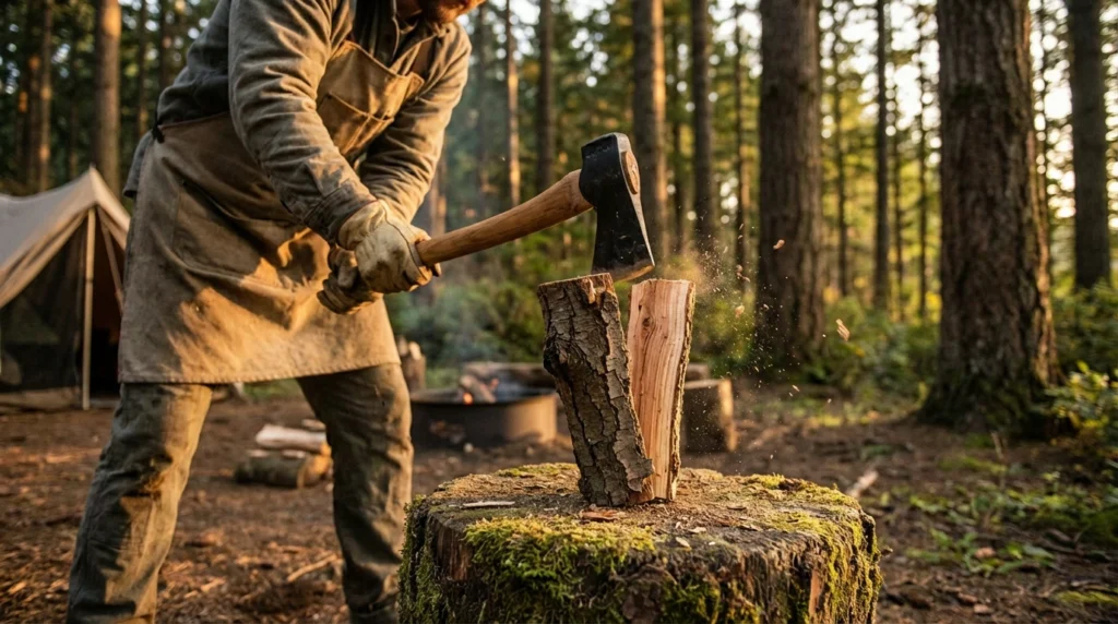 Camper using a quality camping hatchet to split firewood on a chopping block at a forest campsite