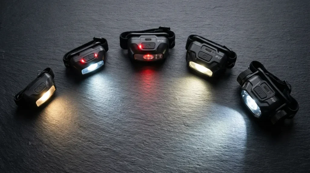 Five camping headlamps from entry-level to premium showing red light modes, USB-C charging ports, and beam outputs