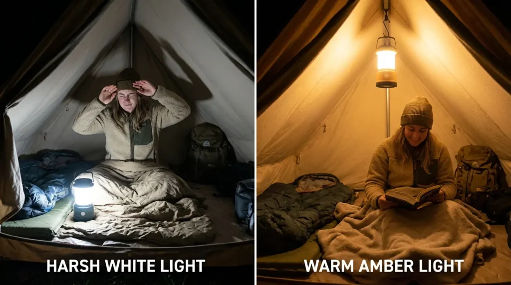 Split comparison showing harsh white floor lantern versus warm diffused hanging lantern inside camping tent
