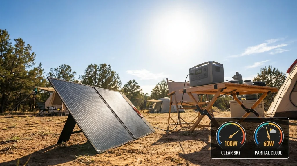 Foldable 100W solar panel angled toward sun at campsite charging portable power station with output comparison inset