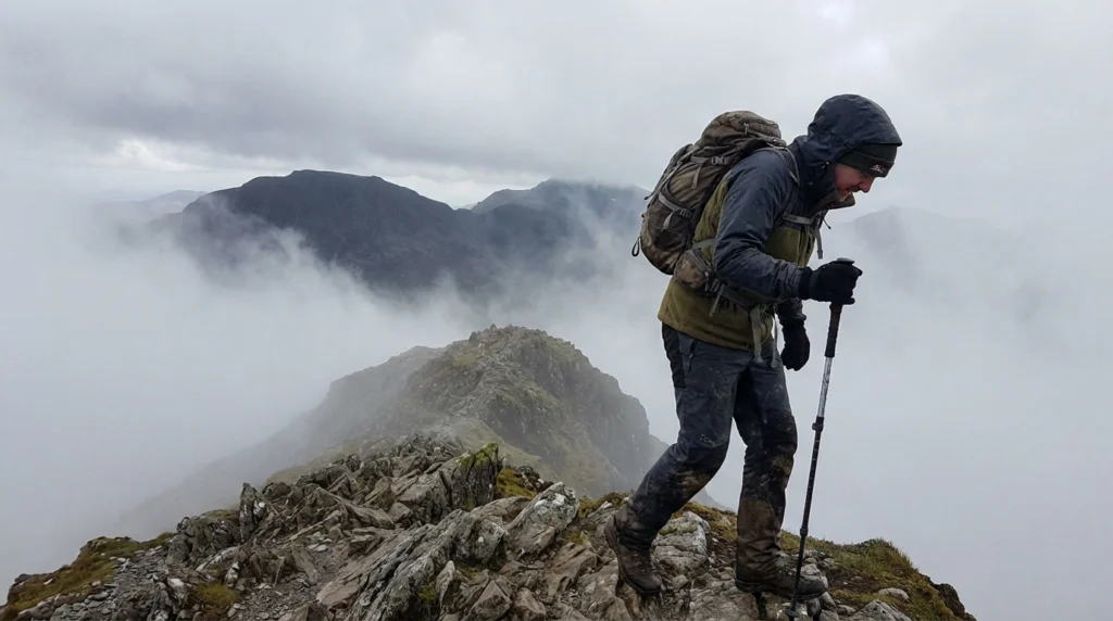 A hiker wearing layered outdoor apparel standing on a rocky ridgeline with storm clouds in the background