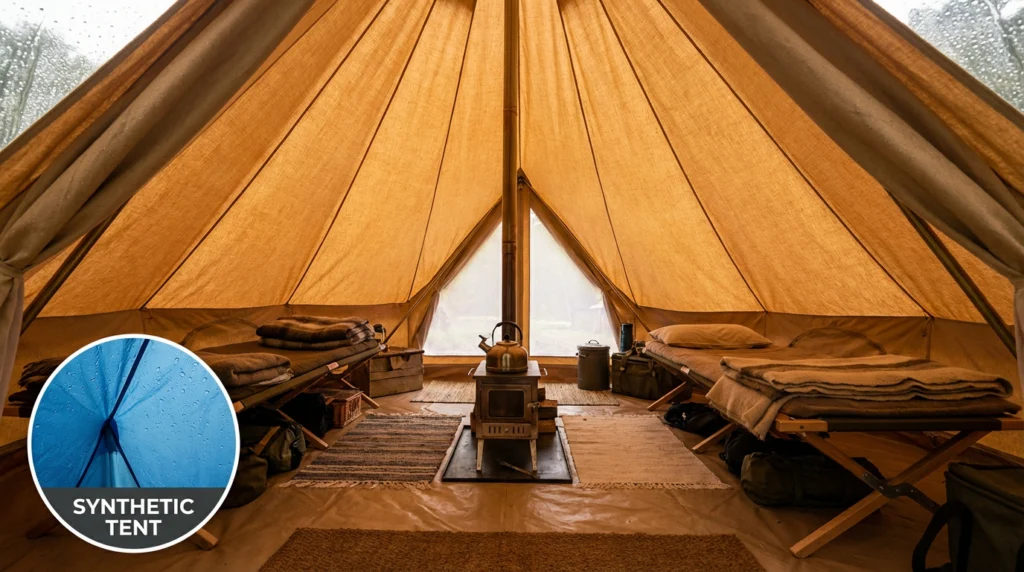 Canvas tent interior showing breathable dry walls compared to condensation on synthetic tent interior