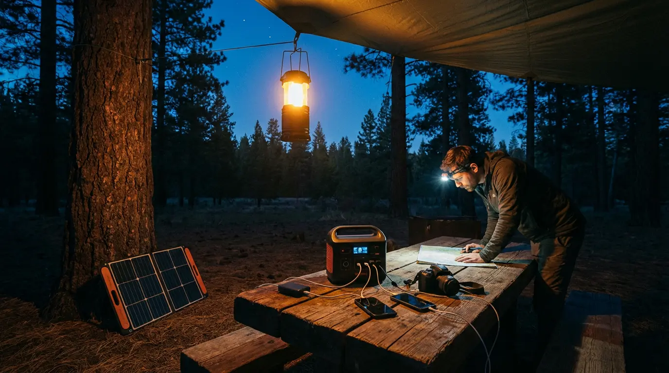 Organized campsite at dusk showing headlamp, hanging LED lantern, portable power station, and solar panel
