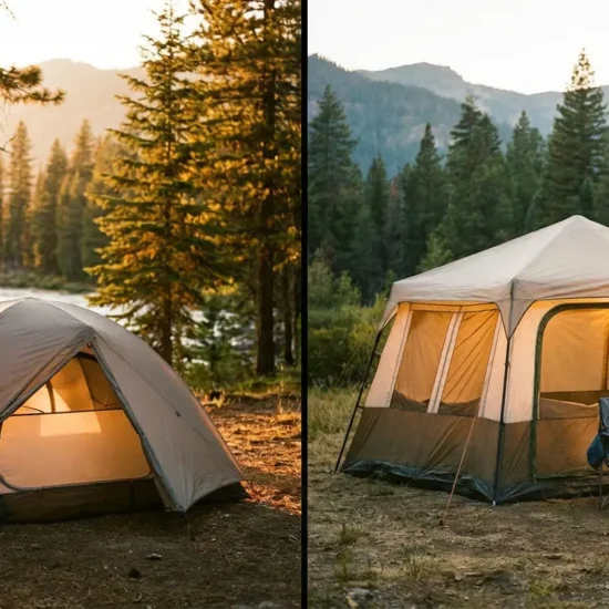 Dome tent and cabin tent pitched side by side at a forest campsite for comparison