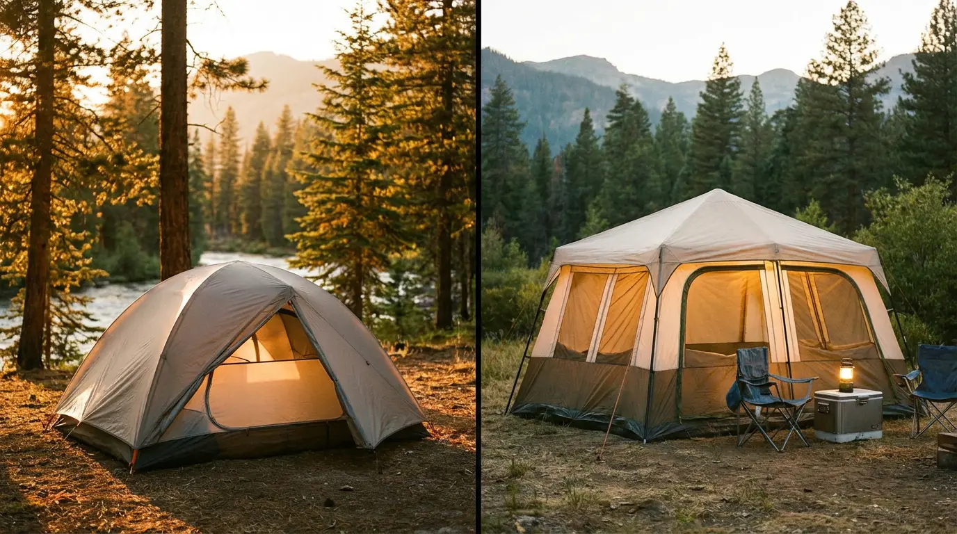 Dome tent and cabin tent pitched side by side at a forest campsite for comparison