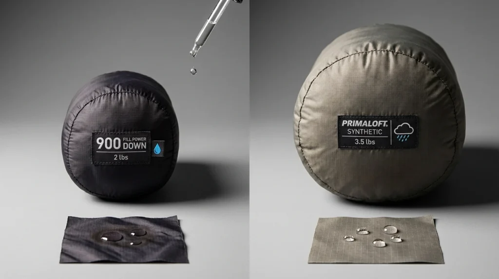 Down sleeping bag versus synthetic sleeping bag showing packed size difference and water resistance comparison