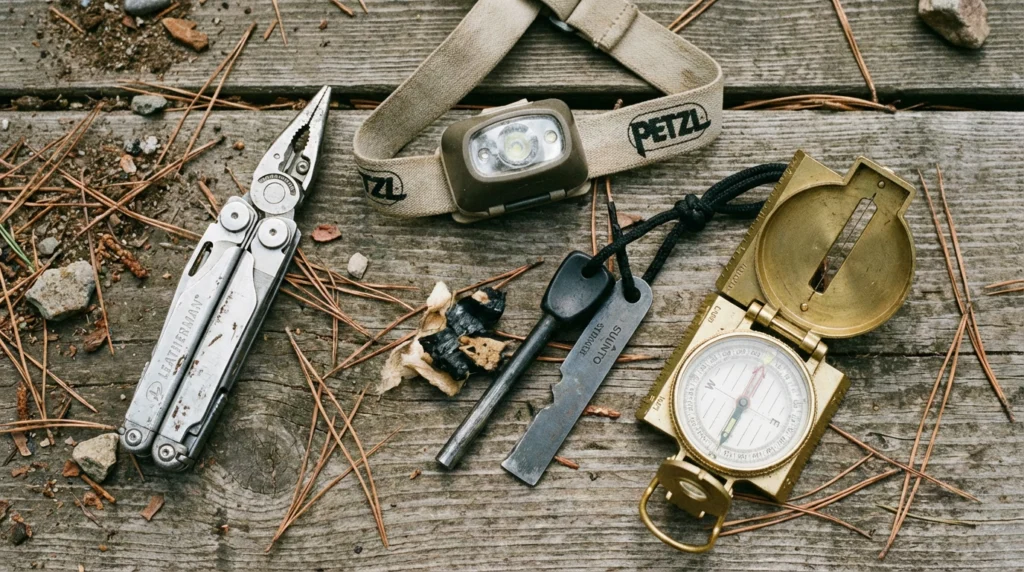 A flat-lay of essential camping tools including a multitool, headlamp, fire starter, and compass on a wooden camp table