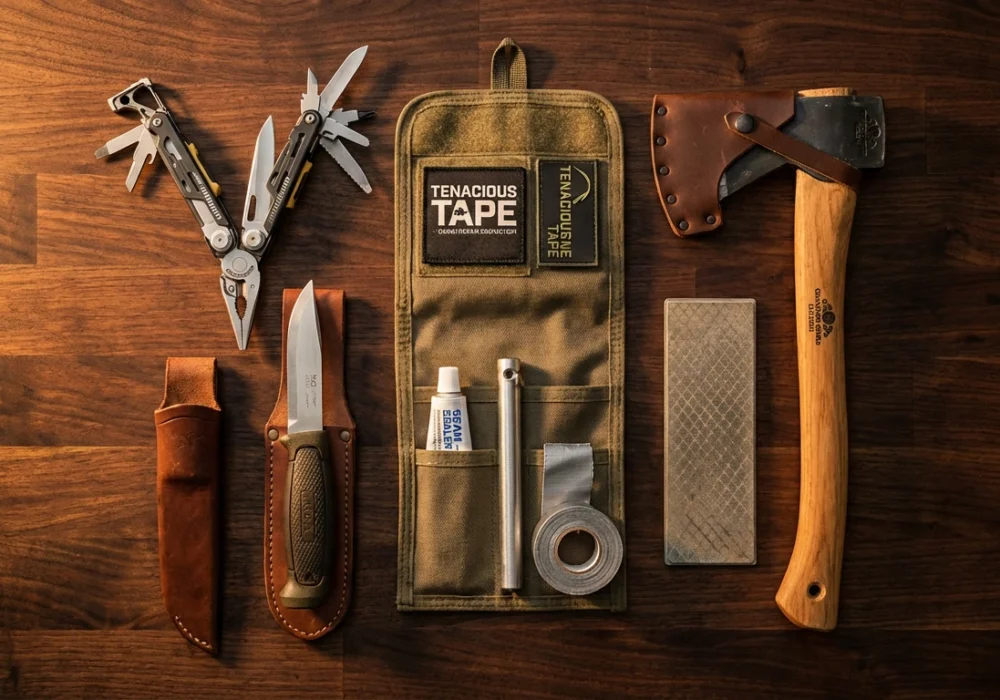 Flat lay of essential camping tools including multi-tool, fixed blade knife, hatchet, and field repair kit on wooden workbench