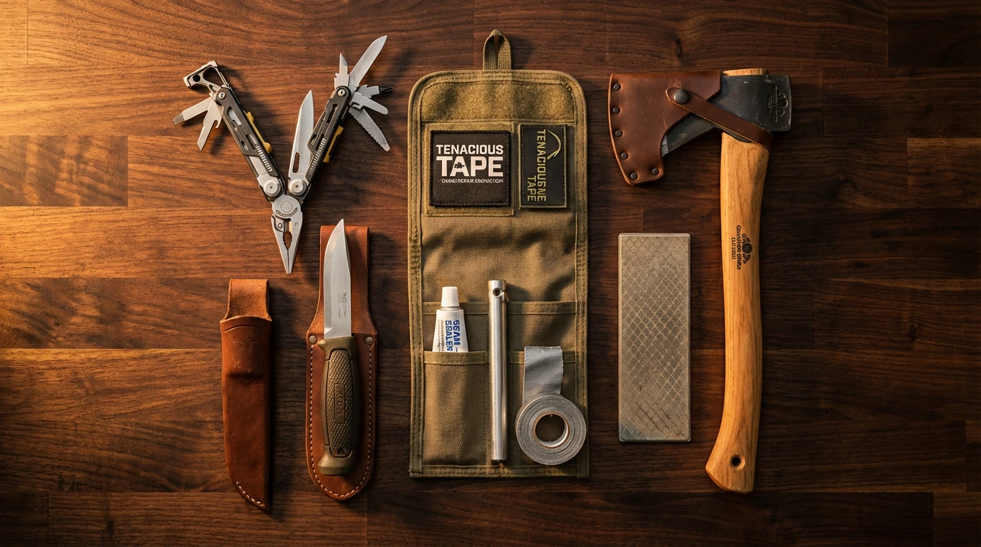 Flat lay of essential camping tools including multi-tool, fixed blade knife, hatchet, and field repair kit on wooden workbench