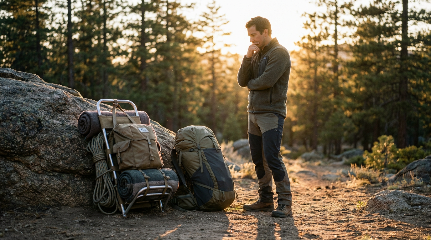 Hiker comparing external frame and internal frame backpacks on rocky outcrop at golden hour
