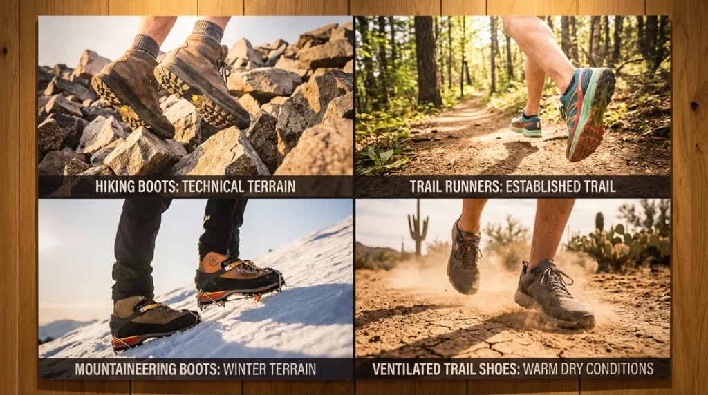 Four terrain types showing hiking boots on talus and snow versus trail runners on singletrack and desert trails