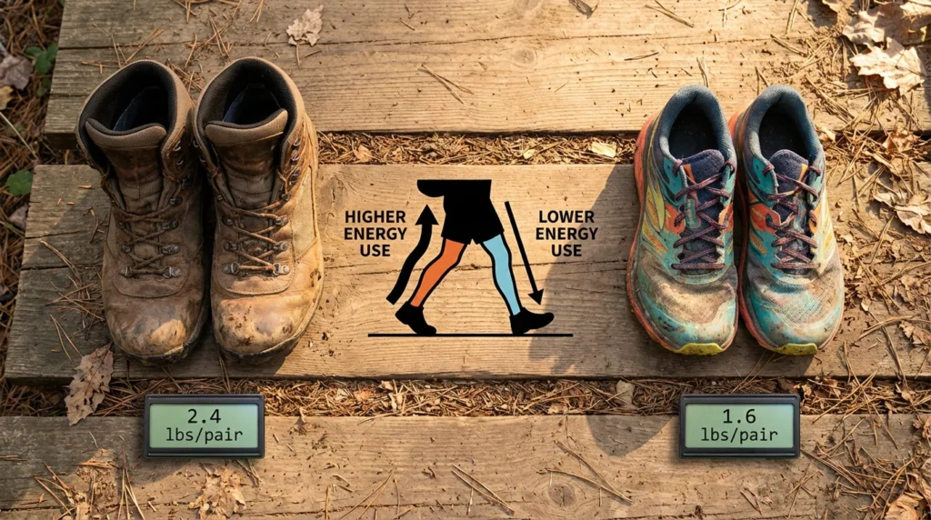 Hiking boot weighing 2.4 pounds versus trail runner at 1.6 pounds per pair with energy cost comparison graphic