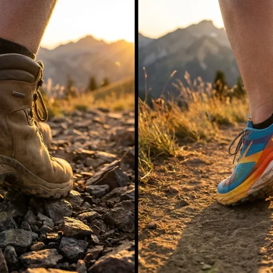 Hiking Boots vs Trail Runners. Split image comparing hiking boot on rocky talus terrain versus trail runner on singletrack trail at golden hour