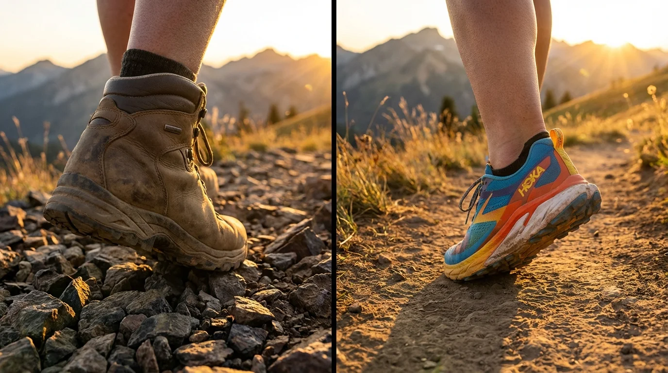 Hiking Boots vs Trail Runners. Split image comparing hiking boot on rocky talus terrain versus trail runner on singletrack trail at golden hour