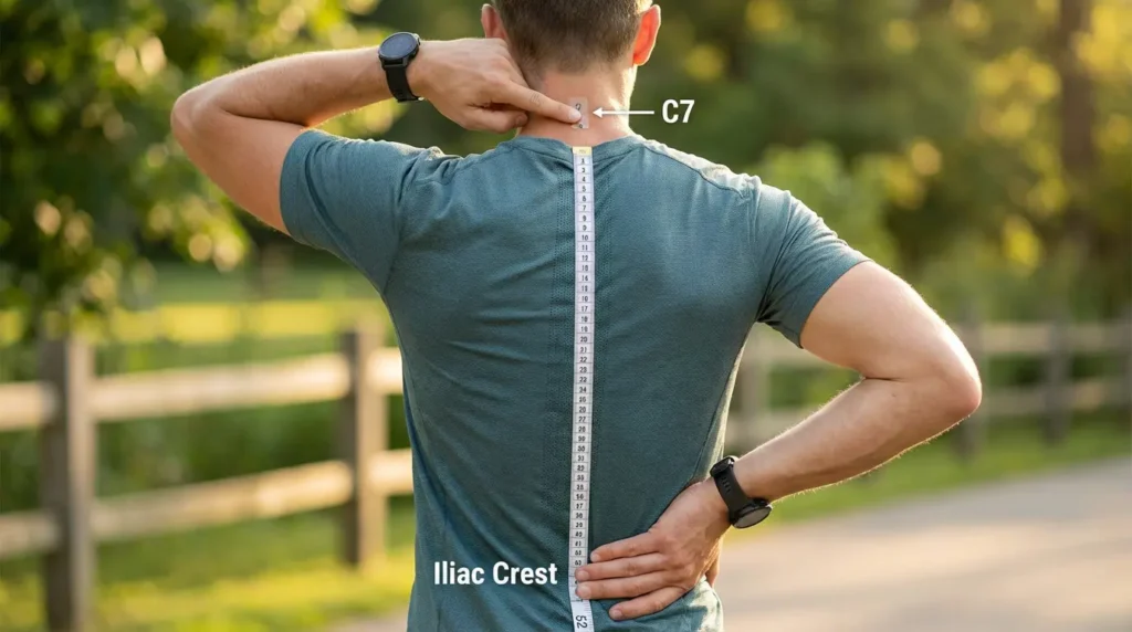 Person measuring torso length from C7 vertebra at neck base to iliac crest hip bone for backpack fitting