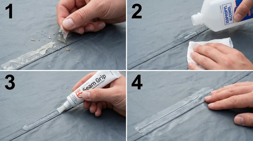 Four-step tent seam sealing process showing tape removal, cleaning, sealant application, and finished cured seam