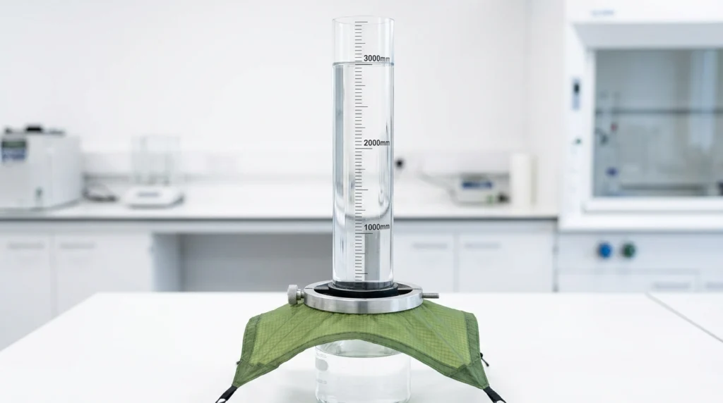 Hydrostatic head test showing water column pressure in millimeters on tent fabric waterproofing test