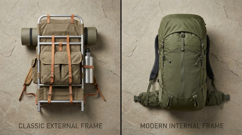 Side-by-side product comparison of external frame backpack with visible aluminum frame versus slim internal frame backpack