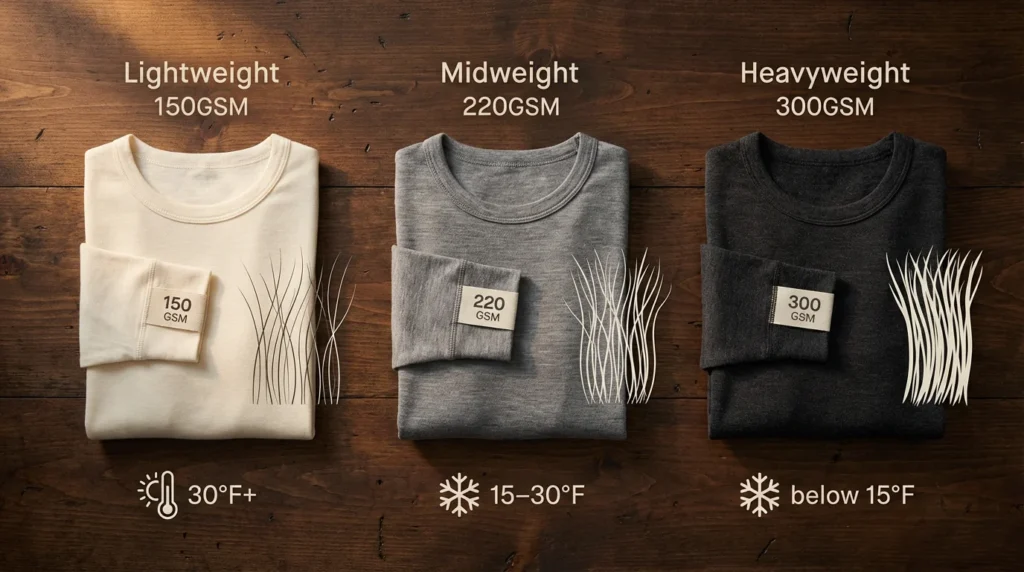 Three merino wool base layer tops showing lightweight 150GSM, midweight 220GSM, and heavyweight 300GSM weight progression with temperature ranges