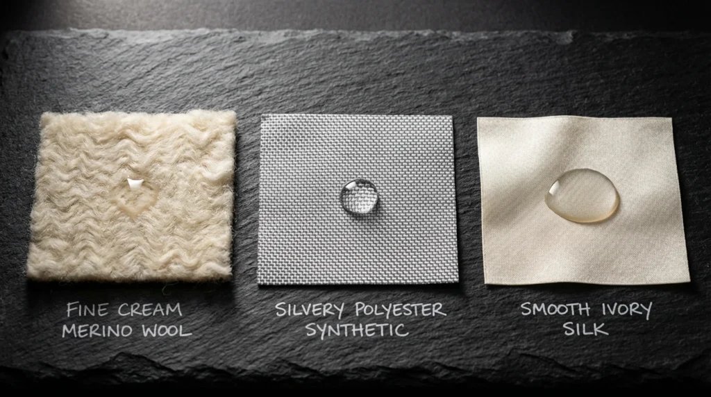 Macro comparison of merino wool, synthetic polyester, and silk best base layer fabric swatches showing texture and water absorption