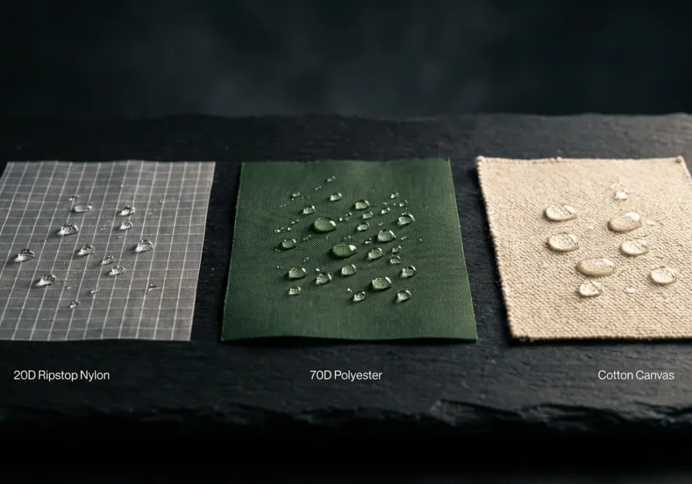 Three tent fabric swatches showing nylon ripstop, polyester, and canvas with water beading on surface