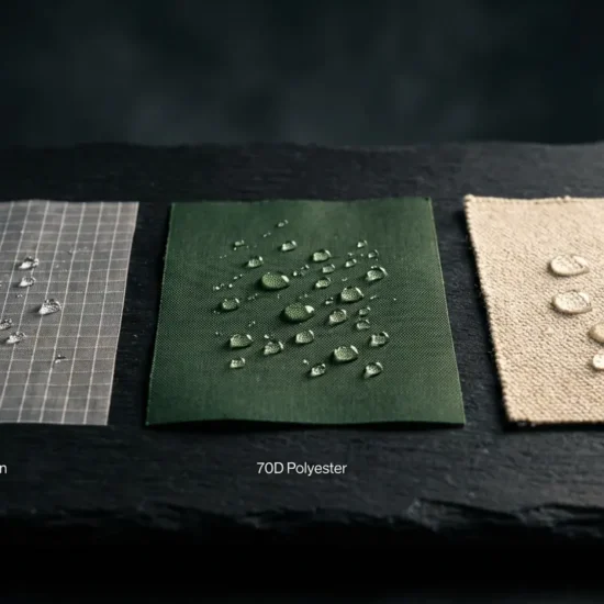 Three tent fabric swatches showing nylon ripstop, polyester, and canvas with water beading on surface