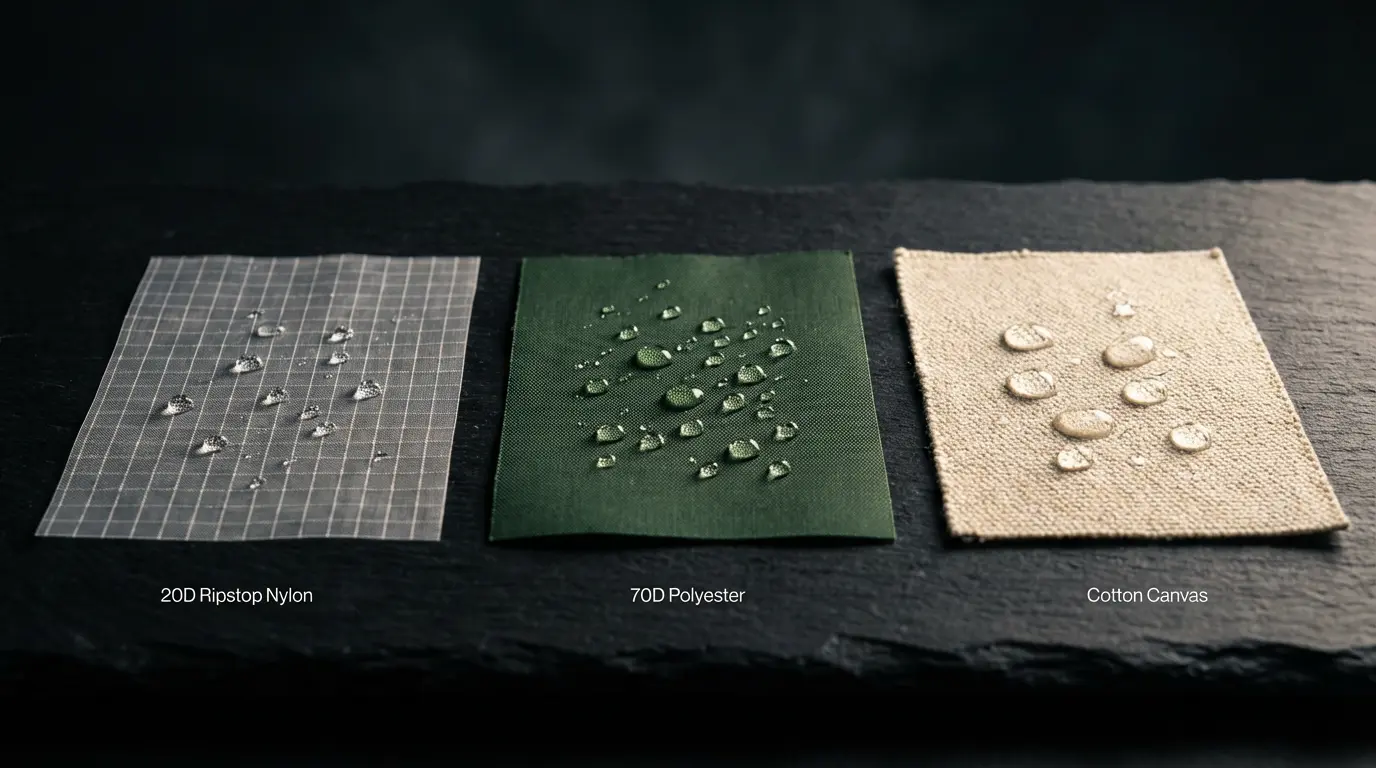 Three tent fabric swatches showing nylon ripstop, polyester, and canvas with water beading on surface
