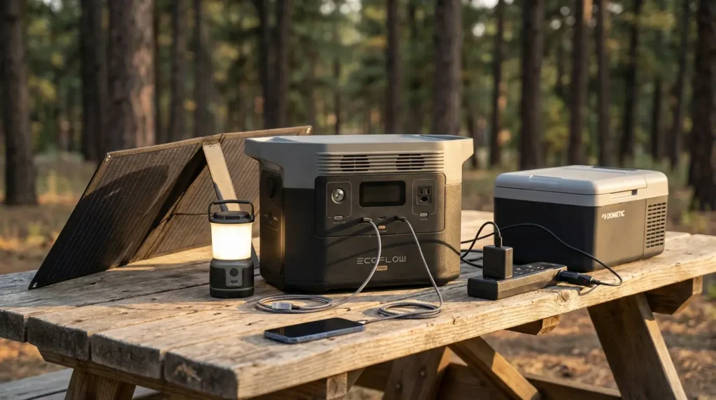 1000Wh portable power station at campsite powering LED lantern, smartphone, camera battery, and 12V cooler simultaneously