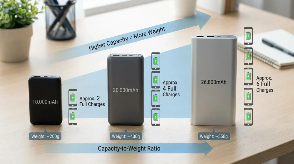 Three camping power banks showing 10000mAh, 20000mAh, and 26800mAh capacity with smartphone charge count comparison