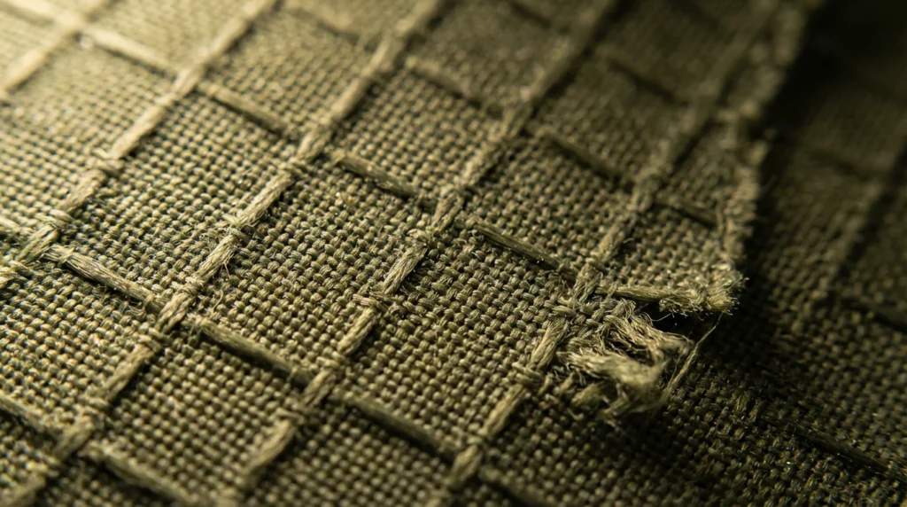 Macro close-up of ripstop nylon weave showing reinforcing grid threads stopping tear propagation