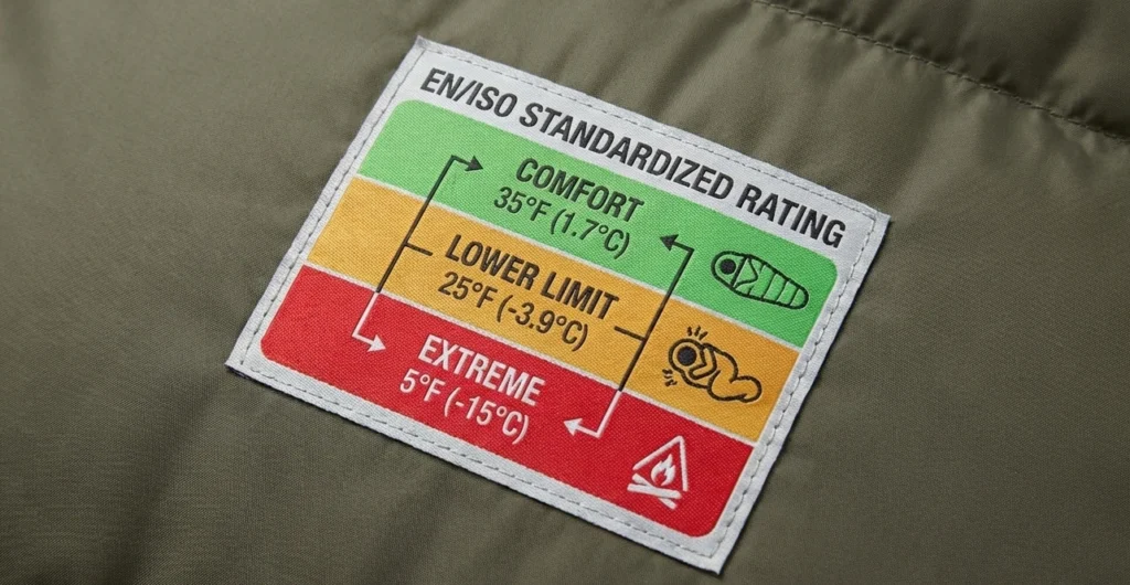 EN ISO sleeping bag temperature rating label showing comfort, lower limit, and extreme ratings with color zones