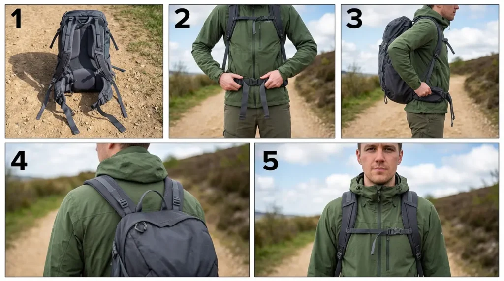 Five-step backpack fitting process showing hip belt, shoulder strap, load lifter, and sternum strap adjustments